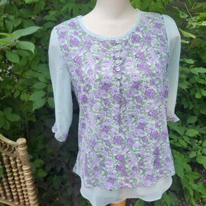 Floral y2k nwt Tunic Top Blouse Womens Sheer Sleeves Button Front Lavender Small